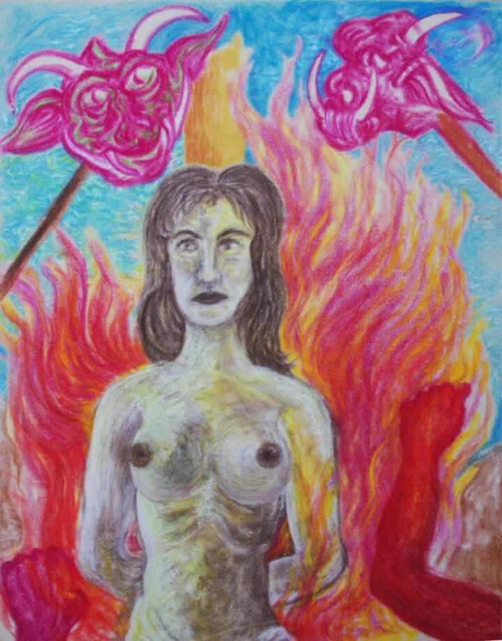 „Hexe“ am Brandpfahl, 1984, Ölpastell