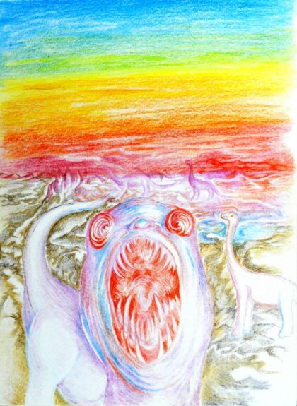 Dinosaurier, 1997, Buntfarbstiftzeichnung auf Zeichenpapier