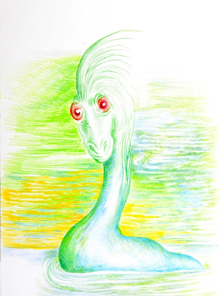Seeungeheuer, 1997, Buntfarbstiftzeichnung auf Zeichenpappe